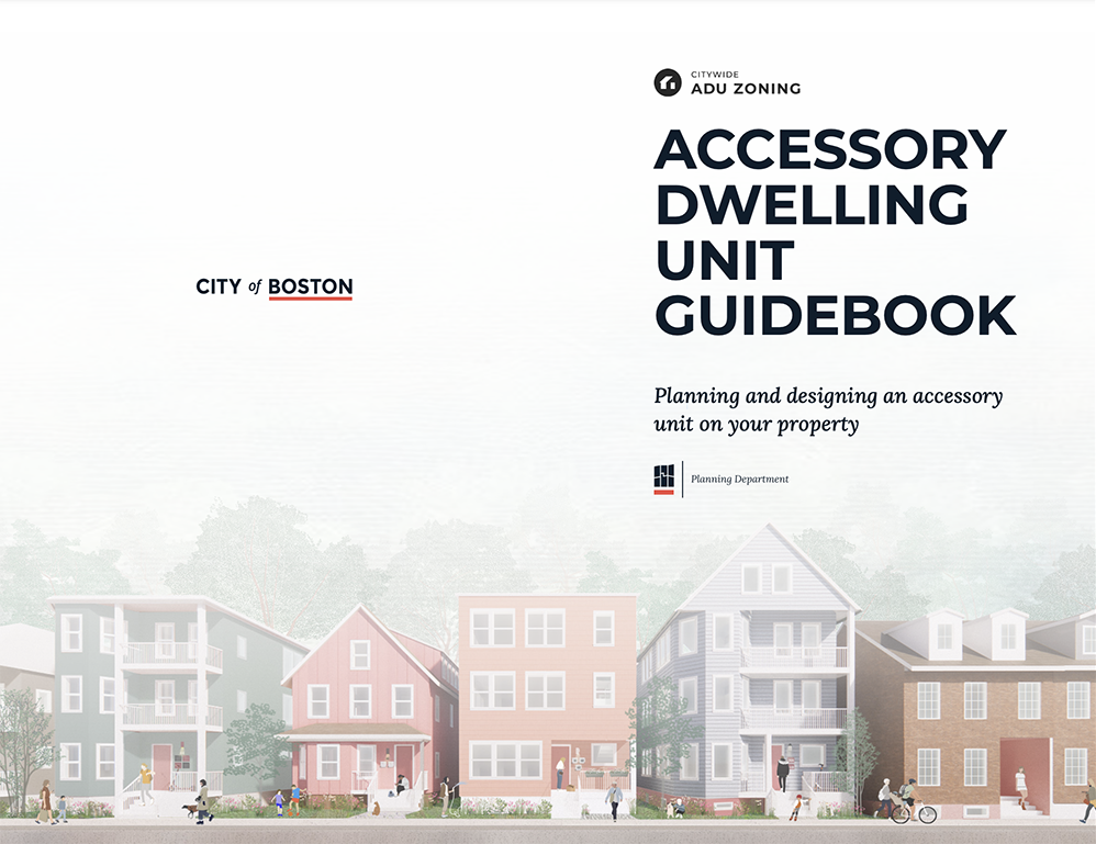 The cover of the City of Boston ADU Guidebook, developed by Outwith Studio, Neighbor Architects, Other Tomorrows, and SLS Consulting (SOCOTEC) for the Boston Planning Department. The cover shows a drawing of a typical Boston block with small lots.